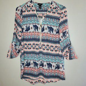 Rue 21 Blouse Novelty Print Elephant Gold Zip Boho Bohemian Teacher Small